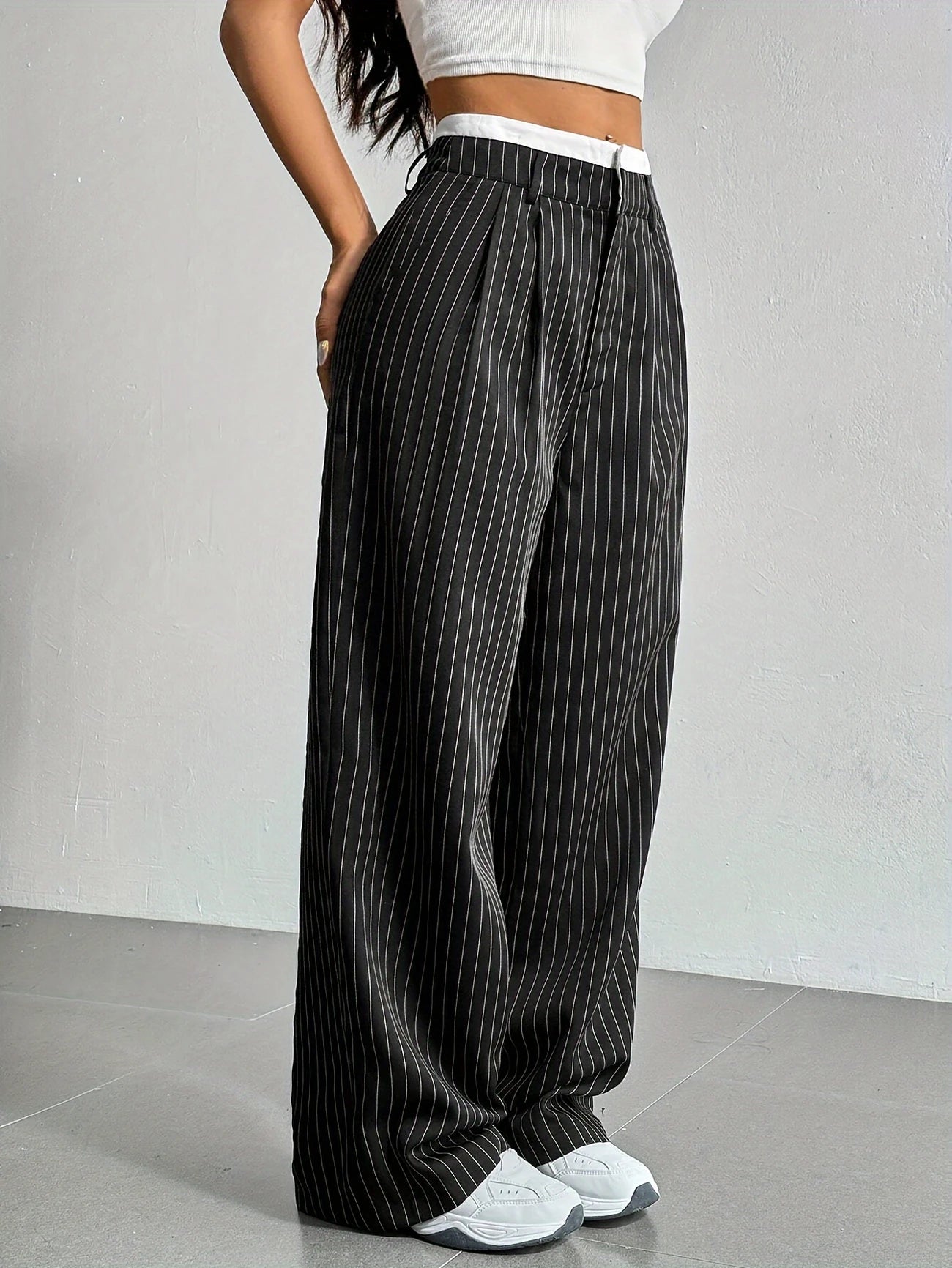 Black Striped Wide-Leg Trousers