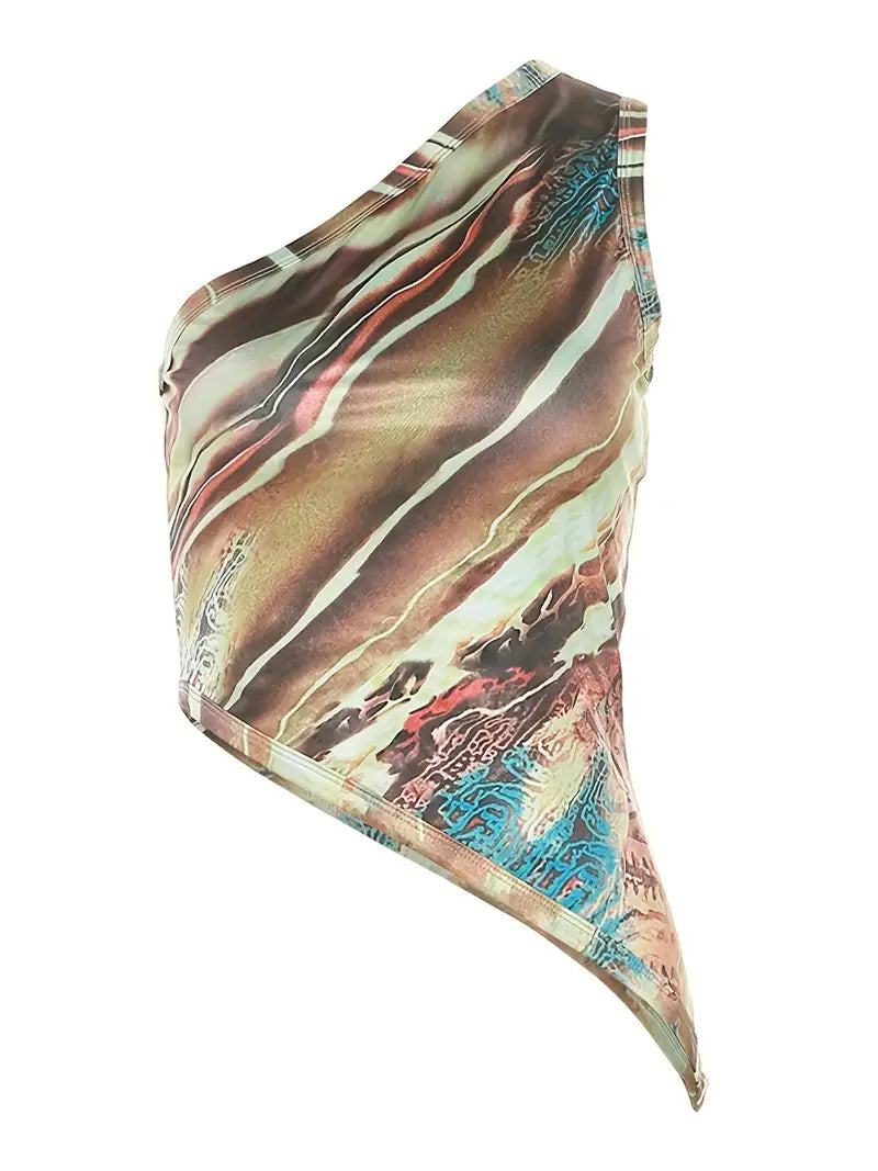 Y2K vintage one-shoulder asymmetrical top with earthy abstract print – bold streetwear and old money aesthetic