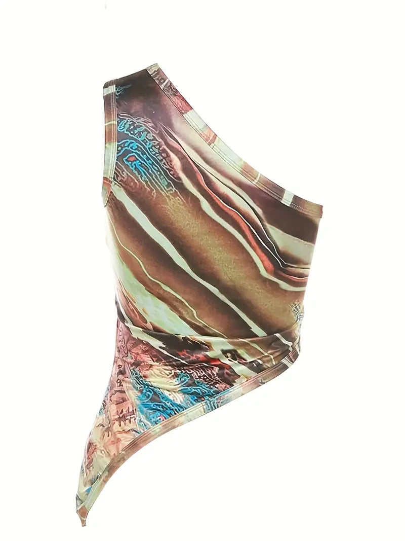 Y2K vintage one-shoulder asymmetrical top with earthy abstract print – bold streetwear and old money aesthetic