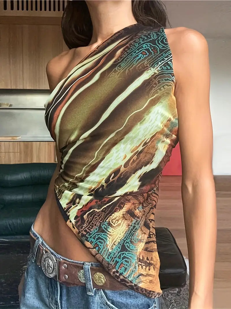 Y2K vintage one-shoulder asymmetrical top with earthy abstract print – bold streetwear and old money aesthetic