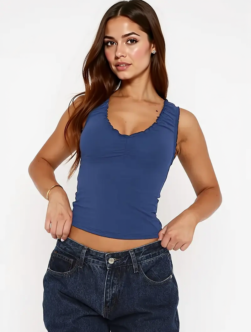 Blue ruched sleeveless tank top with vintage fit