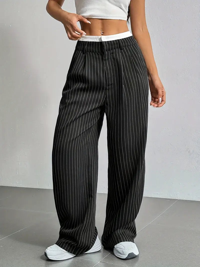 Black Striped Wide-Leg Trousers